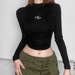 Langärmliges, schmal geschnittenes Crop-Top mit Punk-Rundhalsausschnitt für Damen